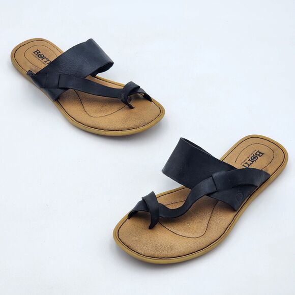 Born Shoes - Born Veda Toe Cuff Leather Flat Slip On Comfort Sandals Black Tan Size 8
